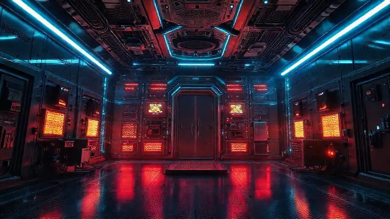 Sala futurista con tecnología y ambiente tenso