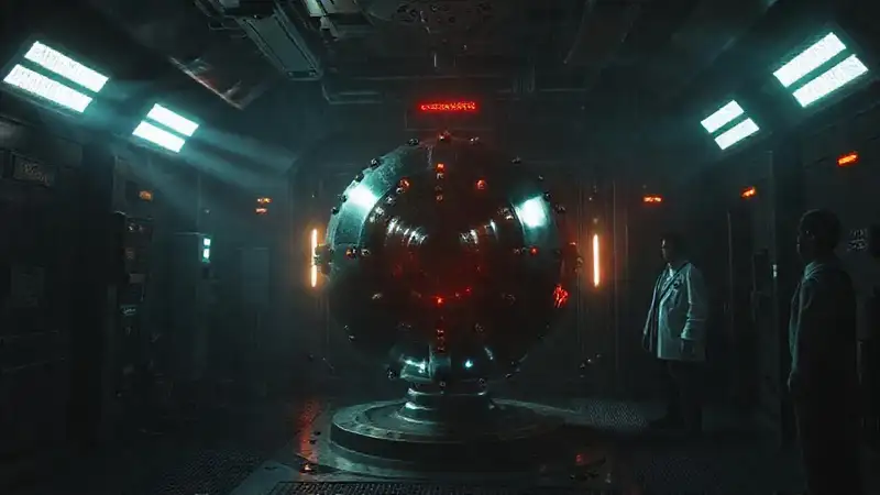 Objeto metálico misterioso en laboratorio futurista