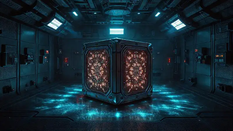 Objeto metálico cubico con patrones fractales luminiscentes