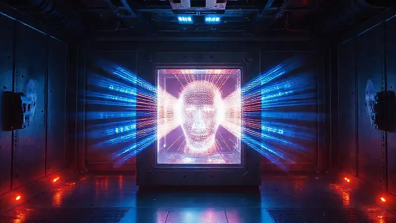 Cubo metálico misterioso con energías y rostros