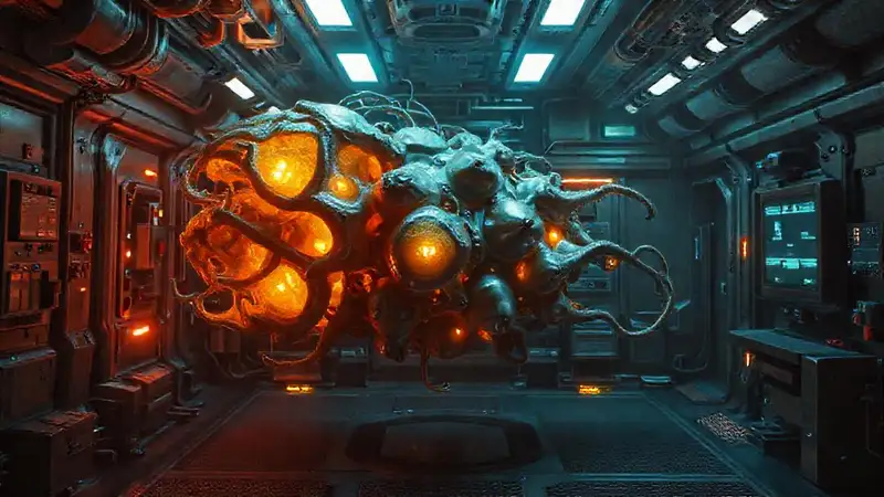 Estructura futurista con emisiones y vigilancia constante