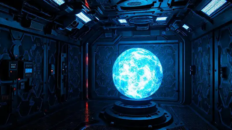 Esfera cristalina luminosa, dentro de entorno futurista