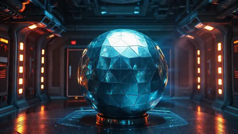 Esfera metálica brillante con patrones y energía