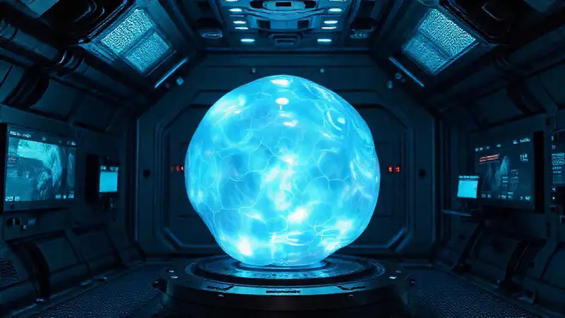 Estructura amorfa brillante en recinto futurista seguro