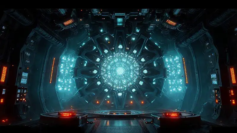 Estructura metálica futurista con patrones y energía