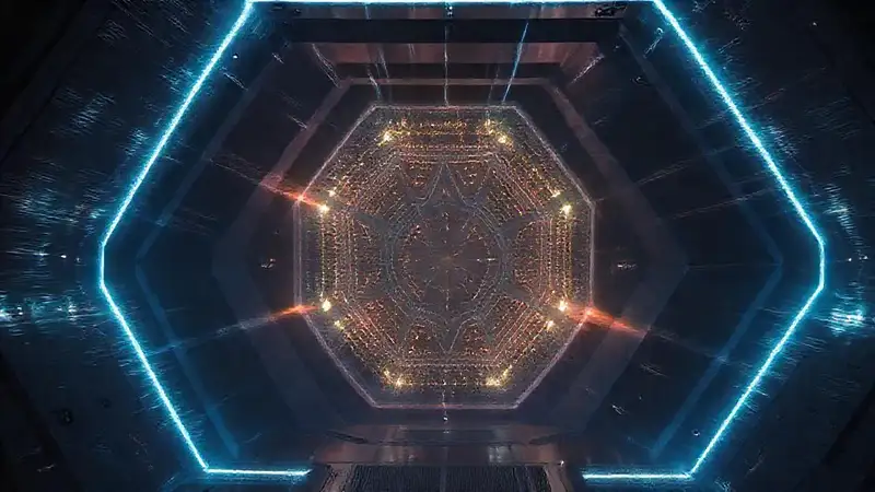 Estructura pentagonal con energía y ambiente futurista