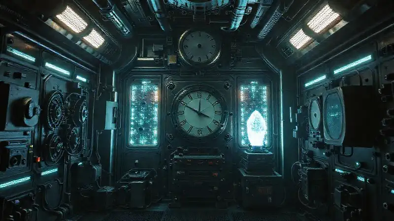 Cuarto industrial futurista con maquinaria misteriosa