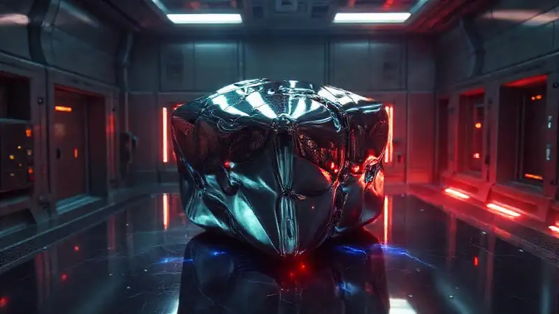 Cubo metálico brillante en sala segura futurista