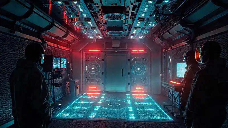 Laboratorio futurista con ambiente intenso y protegido