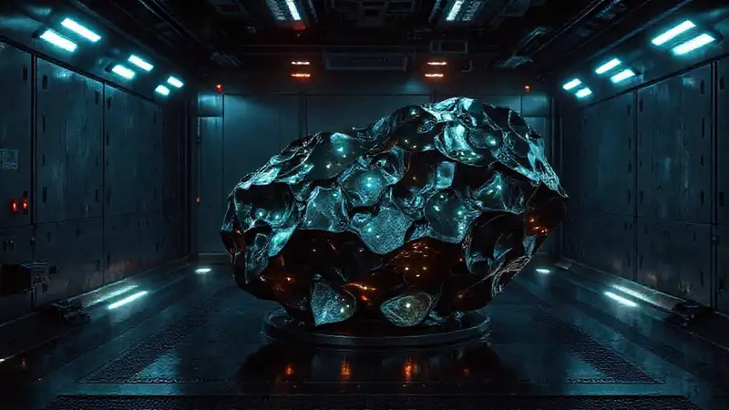 Escultura metálica en contención futurista y misteriosa