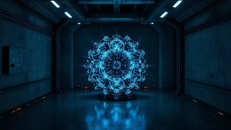 Sala segura con objeto fractal y energía fluctuante