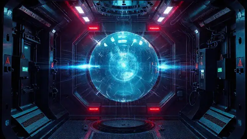 Esfera luminosa en contenedor futurista y peligroso