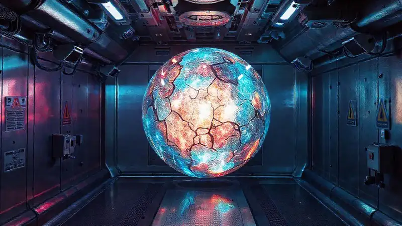 Esfera luminosa misteriosa en laboratorio futurista