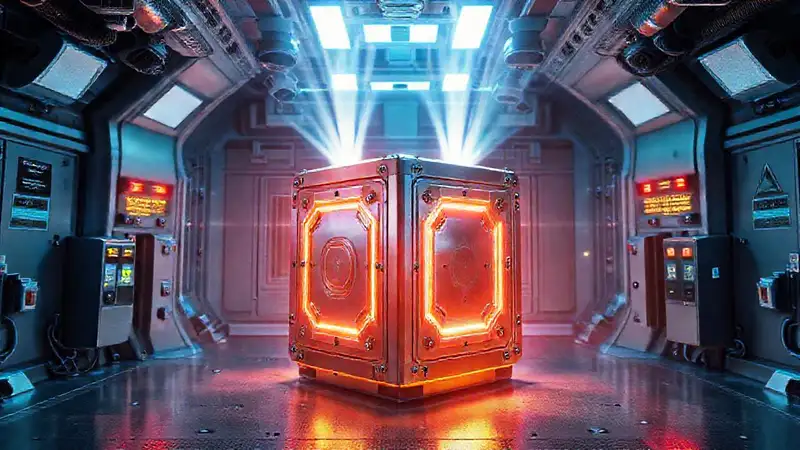 Cubículo metálico con energía y vigilancia futurista