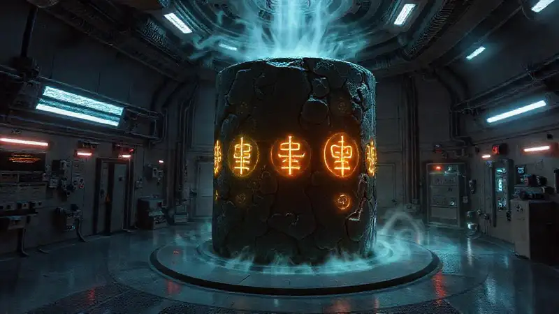 Estructura misteriosa en contención con símbolos brillantes