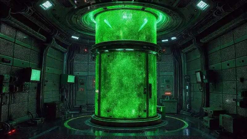 Sala futurista con energía misteriosa y seguridad