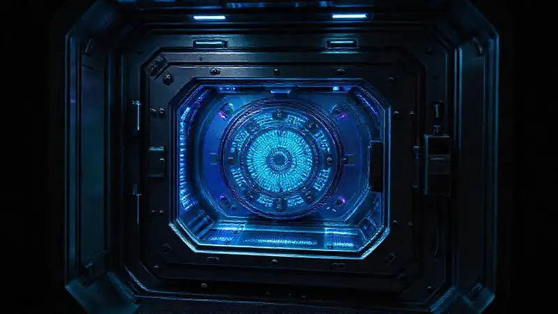 Cámara segura futurista, metálica y luminosa