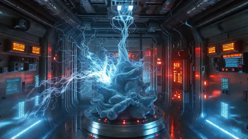 Fenómeno energético misterioso en entorno futurista