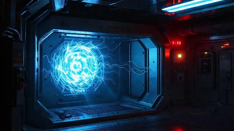 Laboratorio futurista con seguridad y energía fluctuante