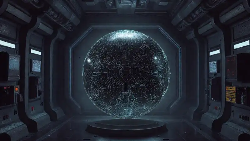 Esfera metálica misteriosa en habitación futurista