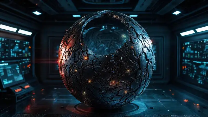 Esfera metálica fractal con energía y seguridad