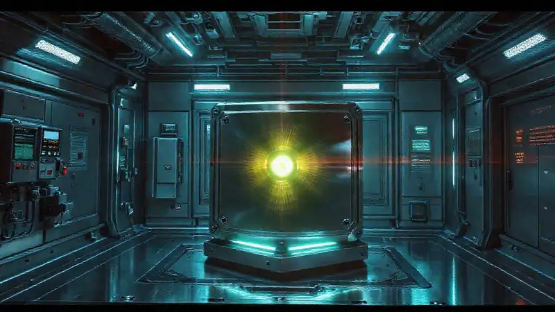 Artefacto metálico en entorno futurista y seguro