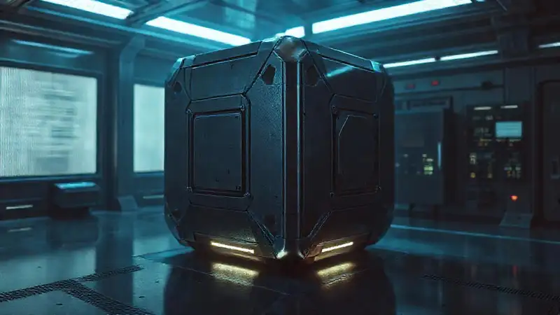 Objeto metálico misterioso en laboratorio futurista