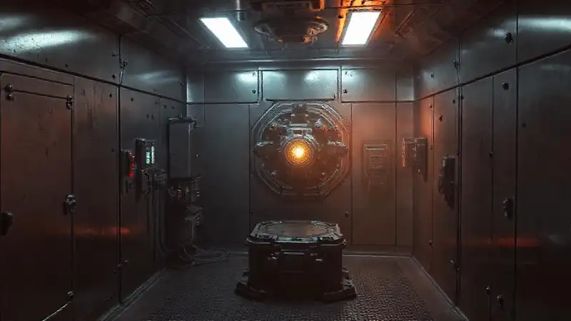 Habitación segura con tecnología avanzada y atmósfera ominosa