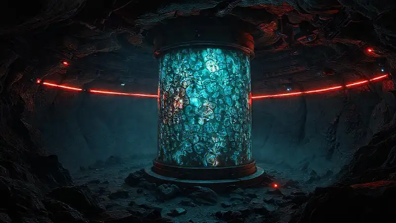 Cilindro misterioso en entorno volcánico futurista