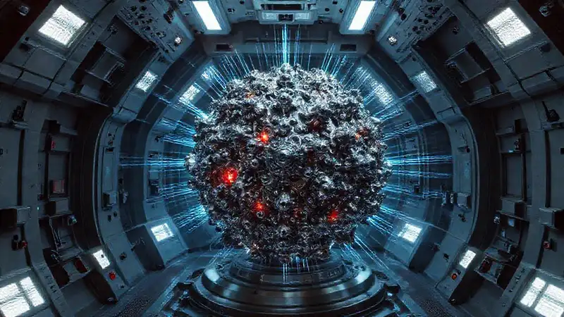 Esfera metálica fractal en entorno futurista seguro