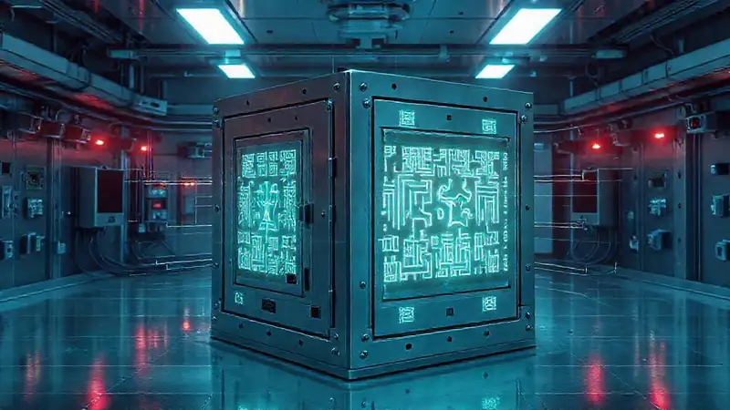 Cubo metálico brillante en laboratorio seguro