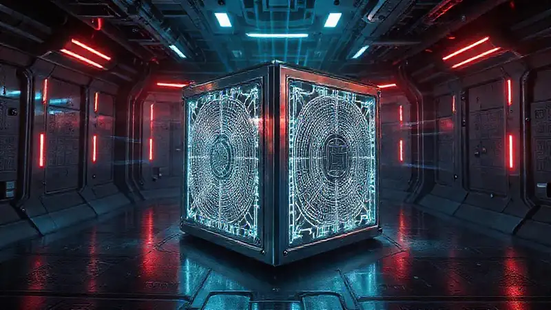 Cube metálico con patrones electromagnéticos y hologramas