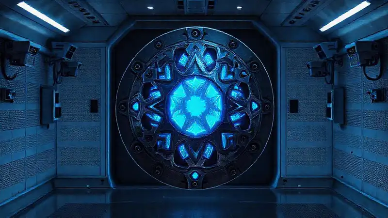 Objeto metálico con patrones y iluminación azul