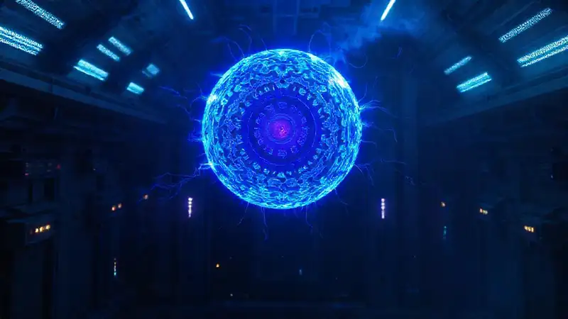 Esfera luminosa y misteriosa en contenedor futurista