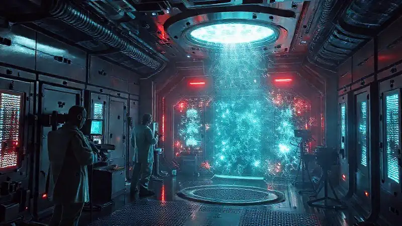 Laboratorio futurista con energía y vigilancia