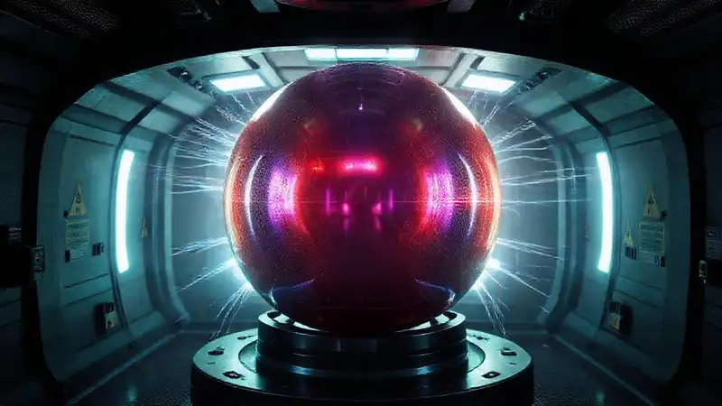 Esfera iridiscente en cámara de seguridad futurista