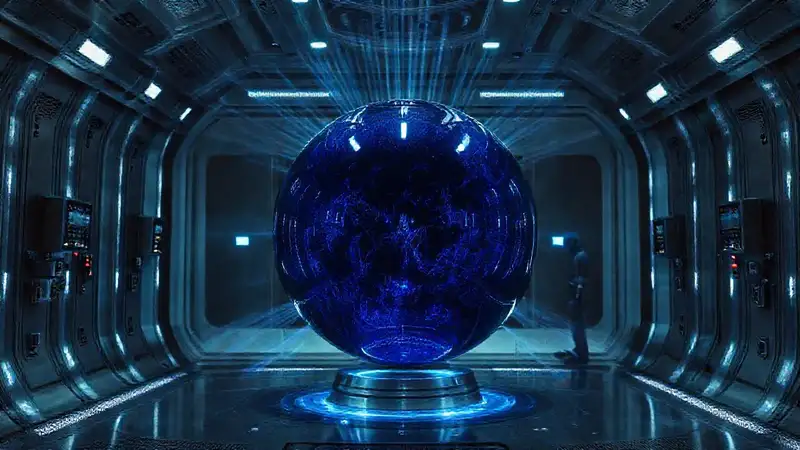 Esfera iridiscente en cámara futurista peligrosa