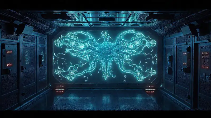 Sala segura con patrones luminosos y tecnología futurista