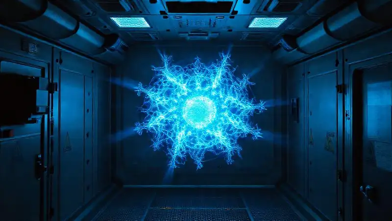 Objeto azul misterioso en sala de alta tecnología
