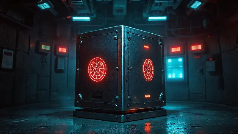 Cubo metálico con símbolos y energía misteriosa