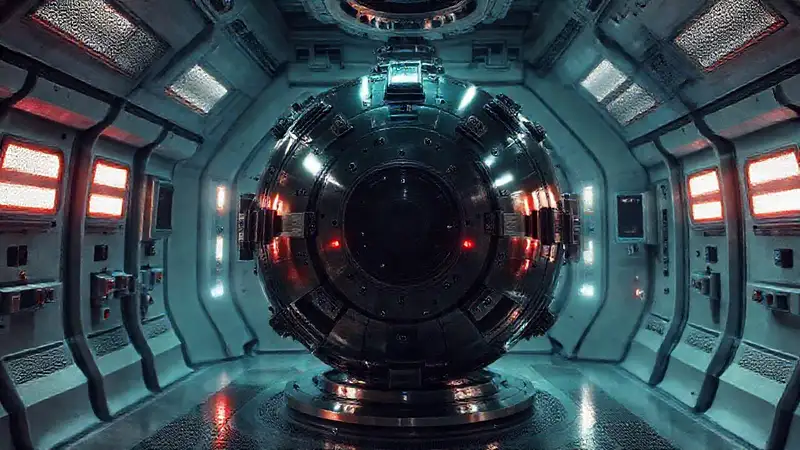 Esfera metálica misteriosa en laboratorio futurista