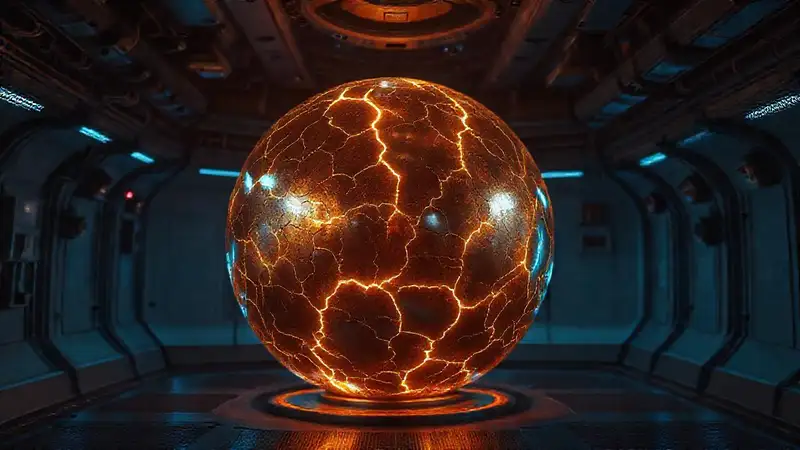 Esfera metálica misteriosa en contención futurista