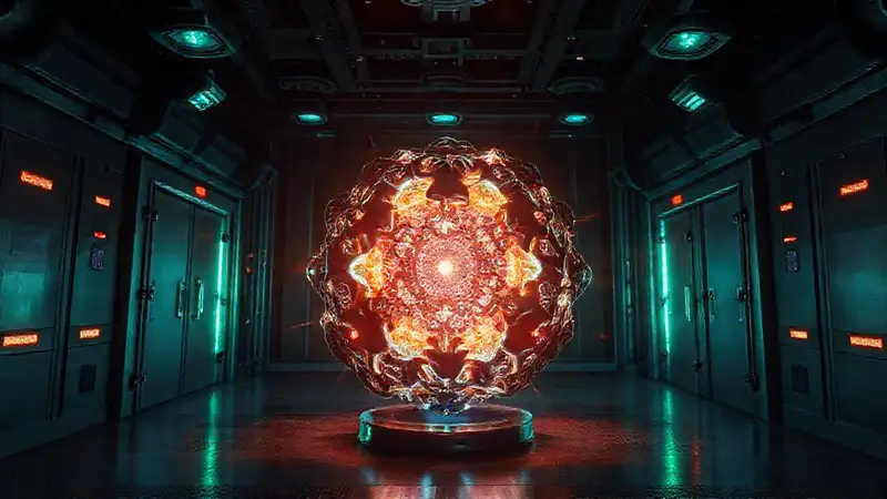 Esfera fractal metálica con energía brillante