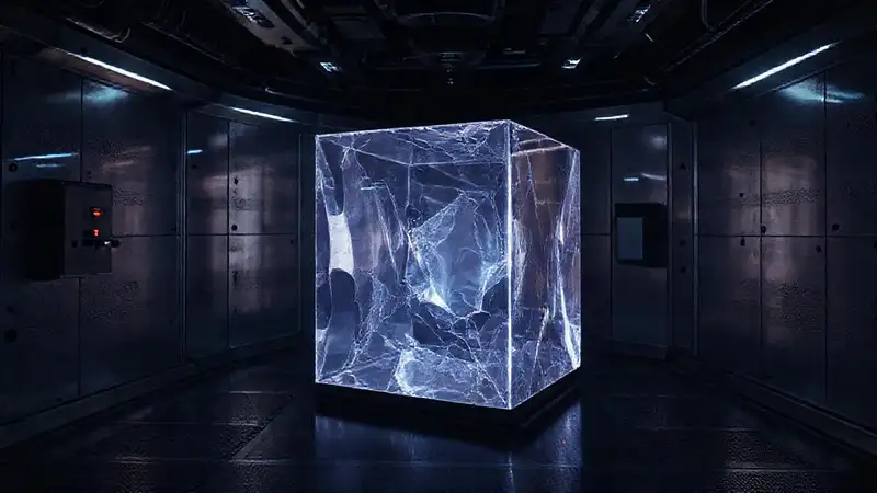 Cube de cristal brillante en celda futurista