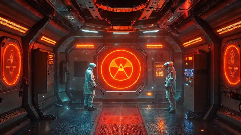 Cápsula futurista con energía y advertencia