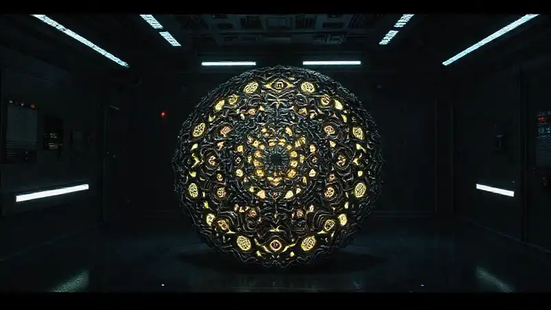 Artefacto fractal con símbolos en entorno seguro