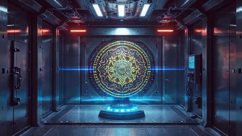 Cámara segura con artefacto misterioso y tecnología avanzada