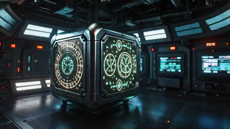 Cubo metálico con símbolos y efectos tecnológicos