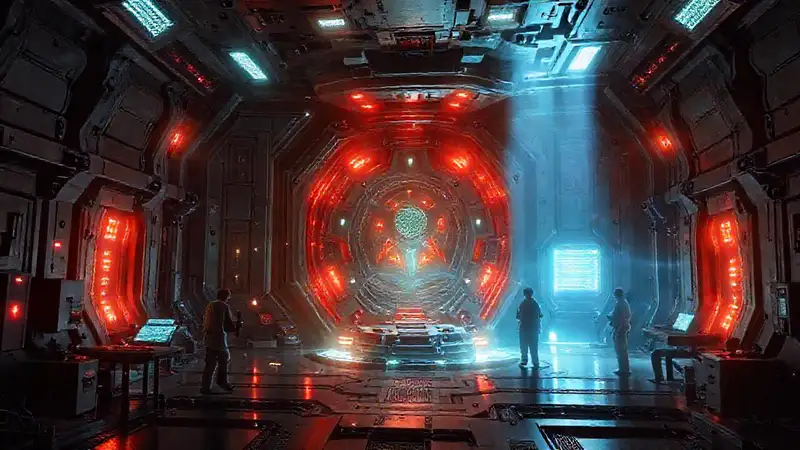 Laboratorio futurista con anomalía y energía luminosa