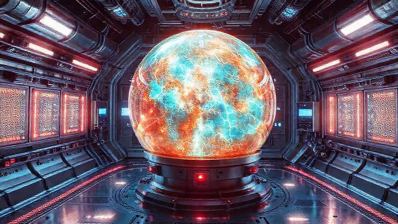 Esfera energética en contenedor futurista y controlado